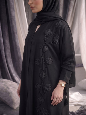 Black & Charcoal Leaf Abaya